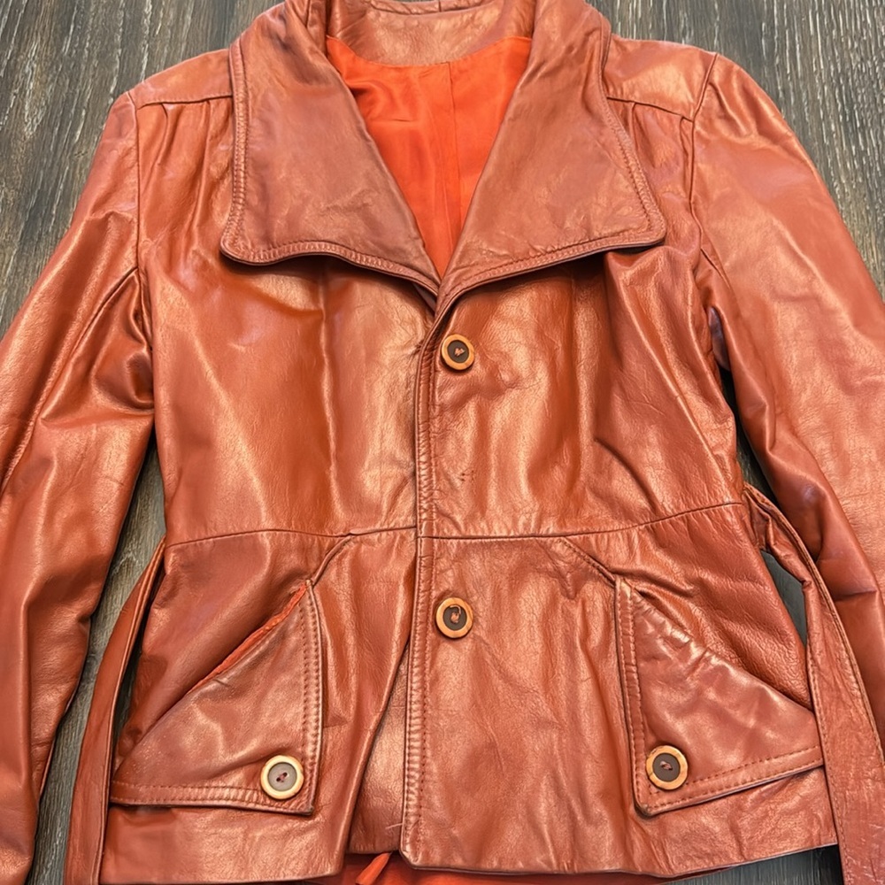 🟢 Vintage 1980s/1990s Rust Orange Belted 100% Leather Jacket - Picture 2 of 9